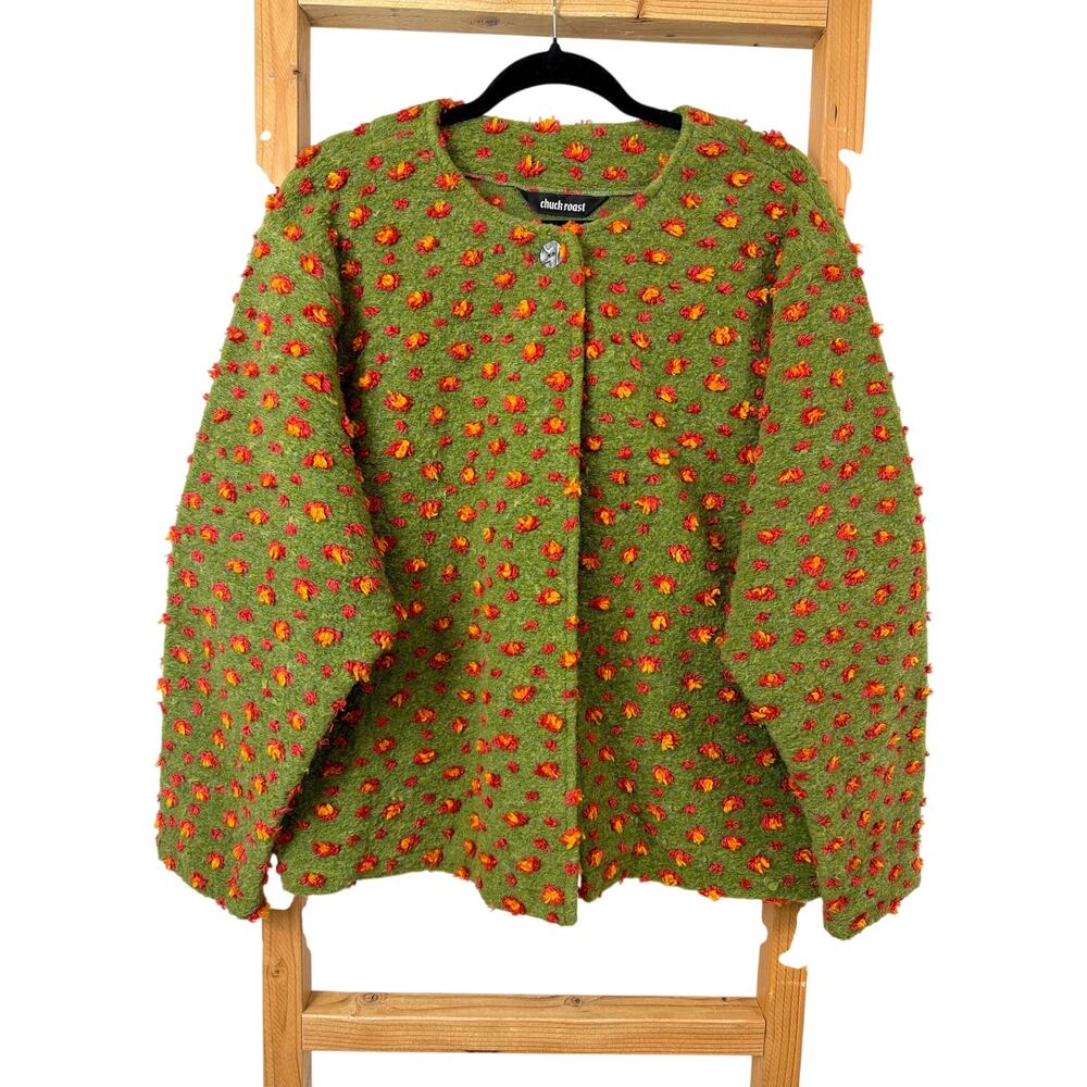 Vintage Y2K Chuck Roast Green One Button Scoop Neck Flower Top Size L USA